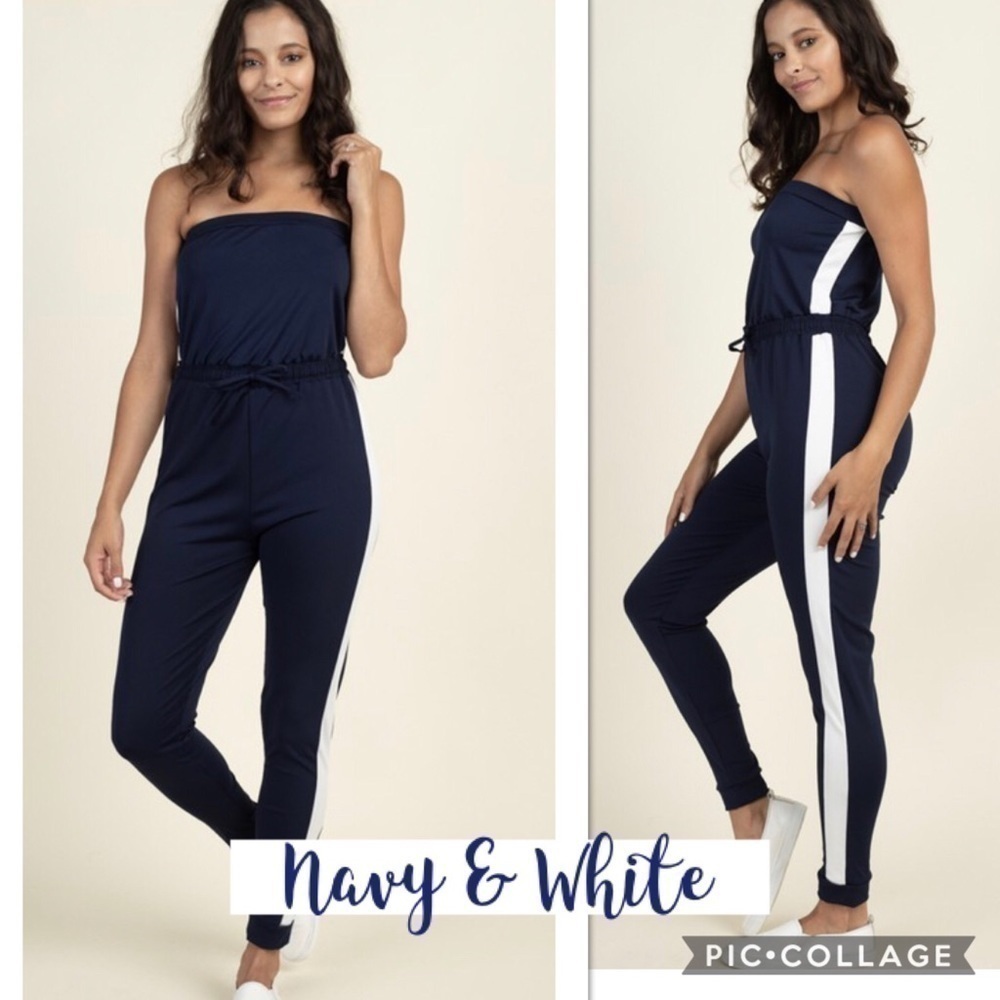 Navy Strapless Jumper w/Racer Stripe